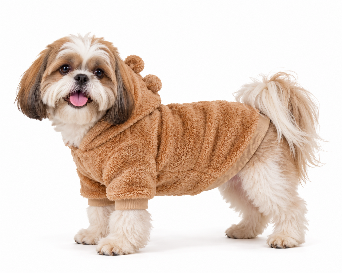 Shih Tzu wearing camel furry dog sweater