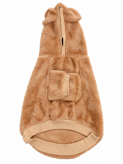Camel furry dog sweater flat lay