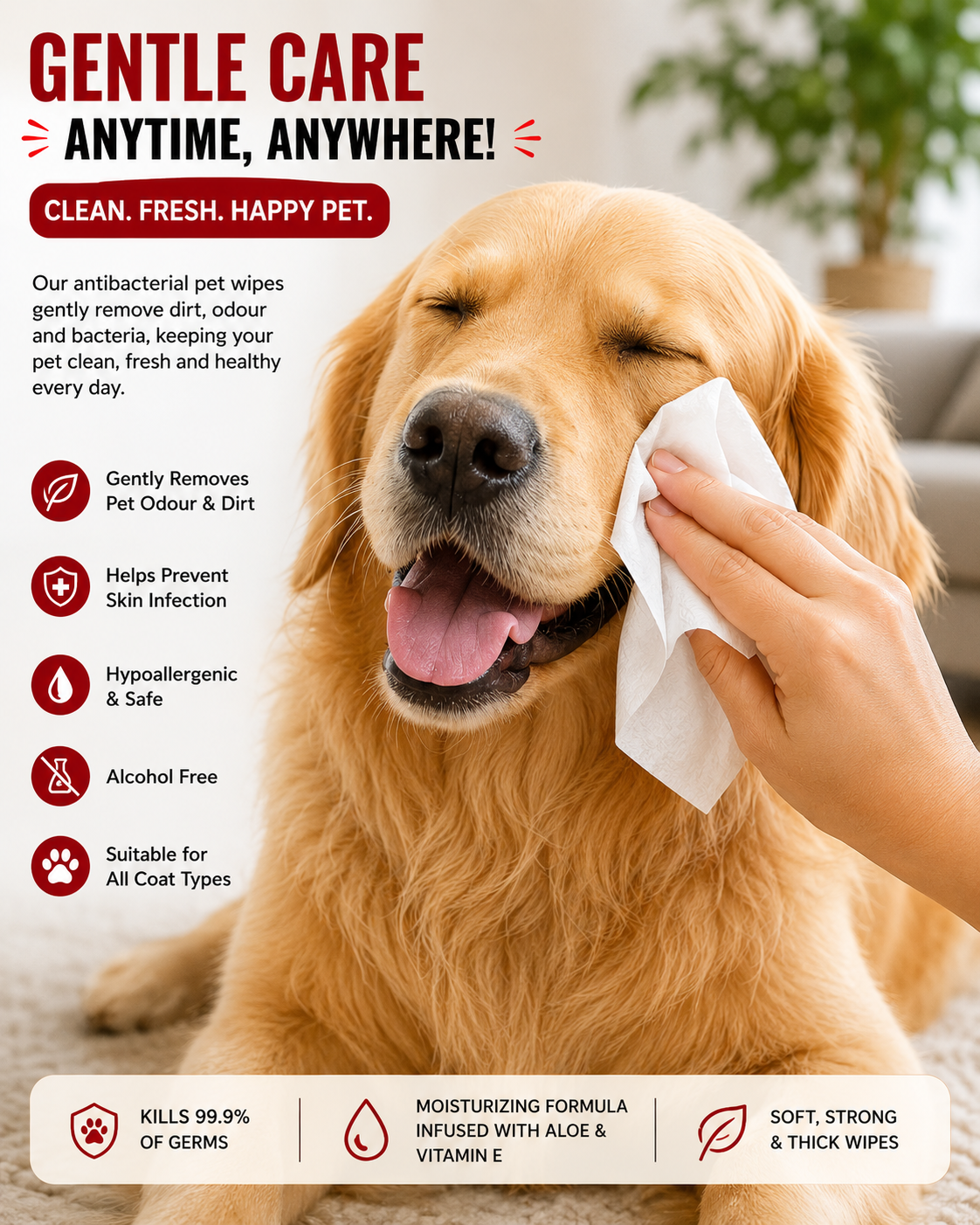 Chelsea’s Body Care Antibacterial Pet Wipes for Dogs & Cats – 80 Wipes