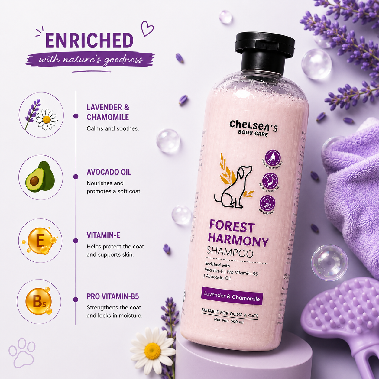 Chelsea's Body Care Forest Harmony Dog & Cat Shampoo 500ml | Lavender & Chamomile | pH Balanced