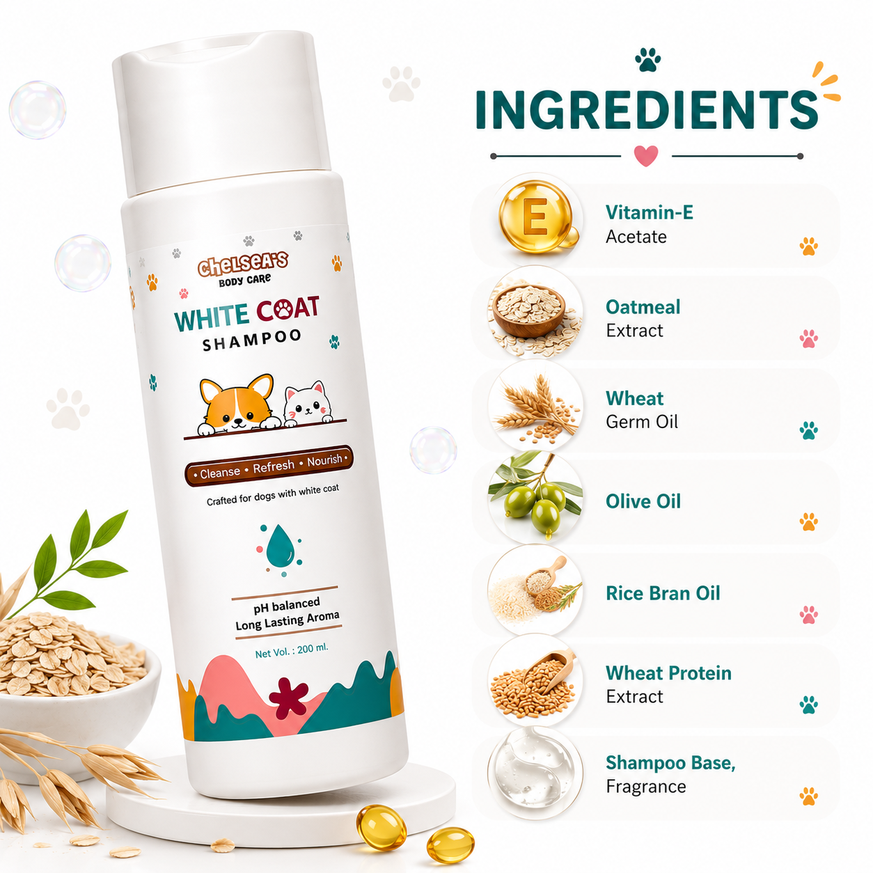 Chelsea's White Coat Shampoo for Dogs – pH Balanced Dog & Cat Shampoo with Oatmeal & Vitamin E, 200 ml