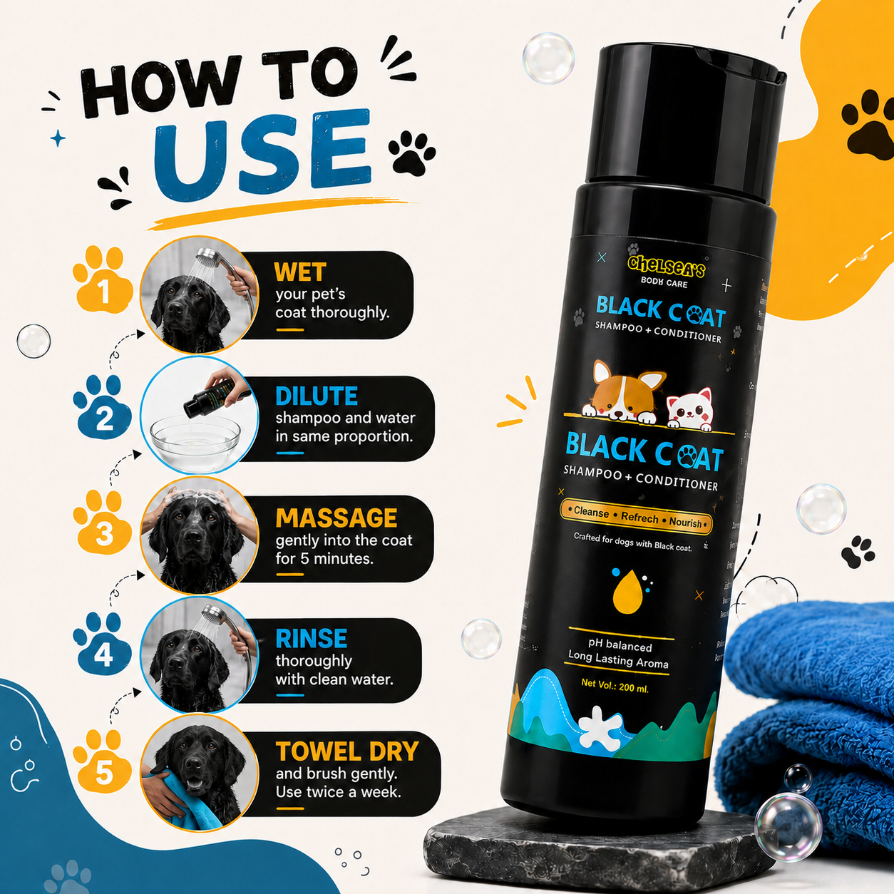 Chelsea's Black Coat Shampoo + Conditioner for Dogs – 200 ml