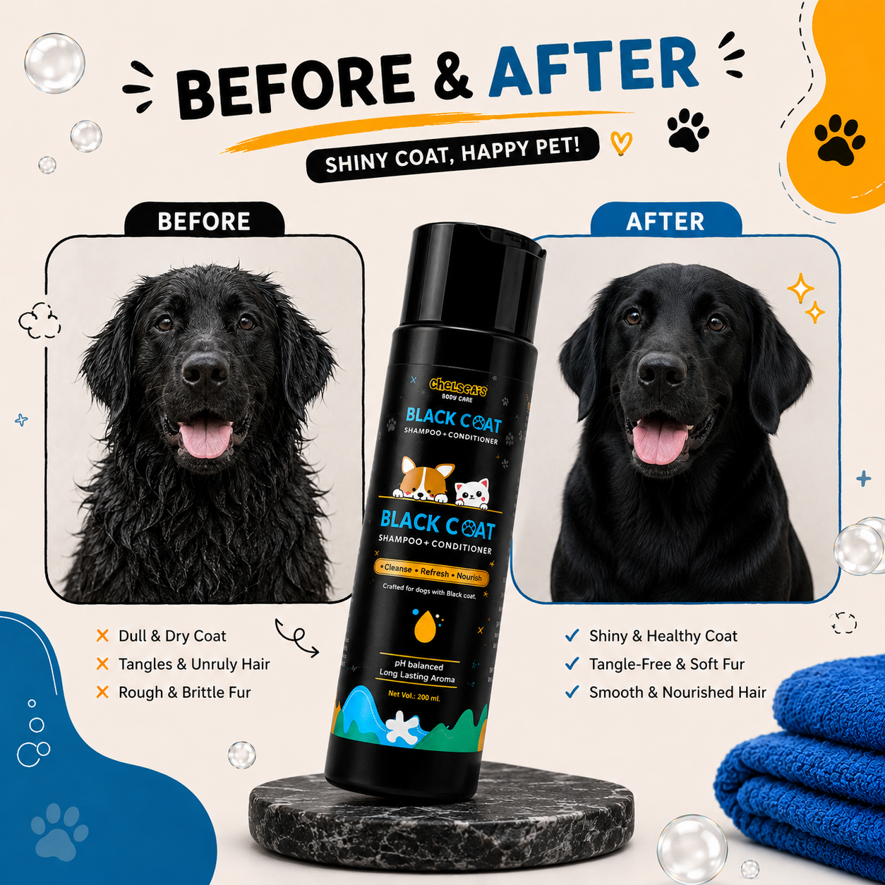 Chelsea's Black Coat Shampoo + Conditioner for Dogs – 200 ml