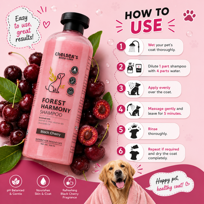 Chelsea's Body Care Forest Harmony Dog & Cat Shampoo 500ml | Black Cherry | pH Balanced | Moisturizing with Vitamin E, Pro Vitamin B5 & Avocado Oil | Suitable for All Breeds