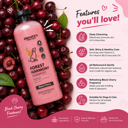 Chelsea's Body Care Forest Harmony Dog & Cat Shampoo 500ml | Black Cherry | pH Balanced | Moisturizing with Vitamin E, Pro Vitamin B5 & Avocado Oil | Suitable for All Breeds