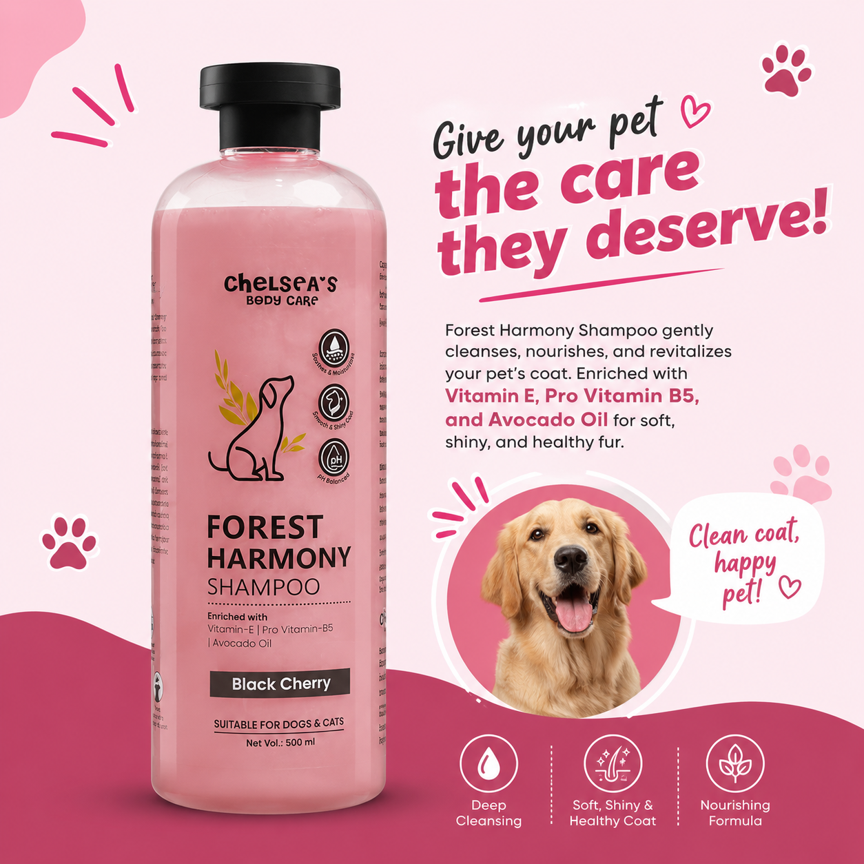 Chelsea's Body Care Forest Harmony Dog & Cat Shampoo 500ml | Black Cherry | pH Balanced | Moisturizing with Vitamin E, Pro Vitamin B5 & Avocado Oil | Suitable for All Breeds