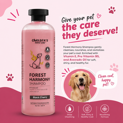 Chelsea's Body Care Forest Harmony Dog & Cat Shampoo 500ml | Black Cherry | pH Balanced | Moisturizing with Vitamin E, Pro Vitamin B5 & Avocado Oil | Suitable for All Breeds