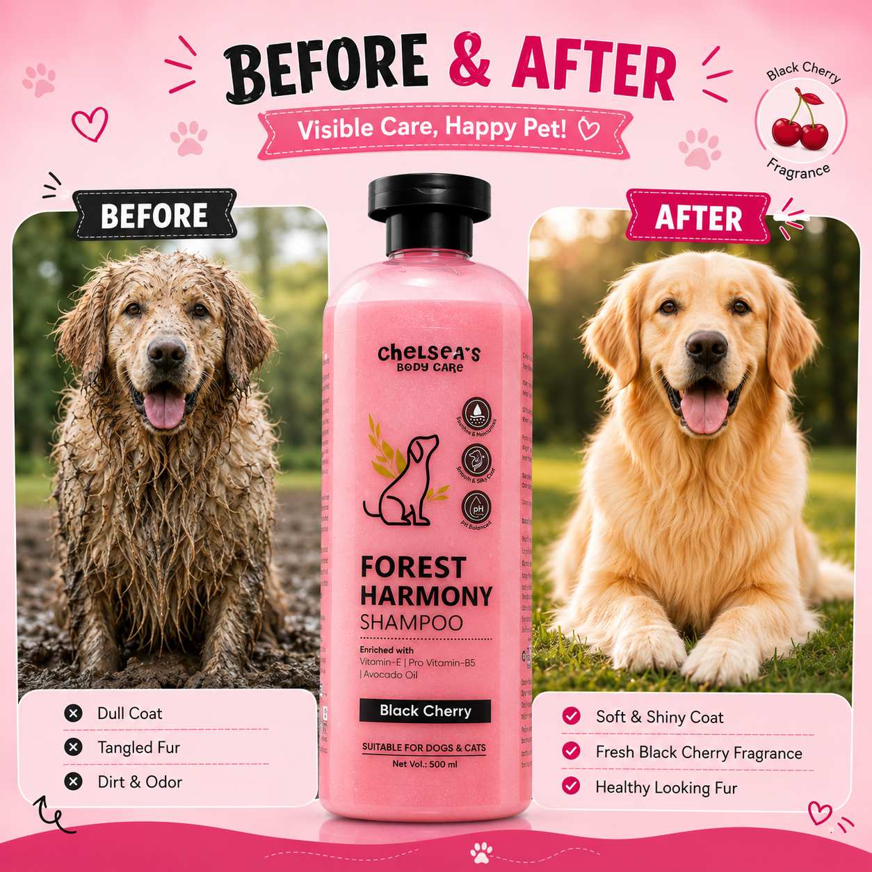 Chelsea's Body Care Forest Harmony Dog & Cat Shampoo 500ml | Black Cherry | pH Balanced | Moisturizing with Vitamin E, Pro Vitamin B5 & Avocado Oil | Suitable for All Breeds