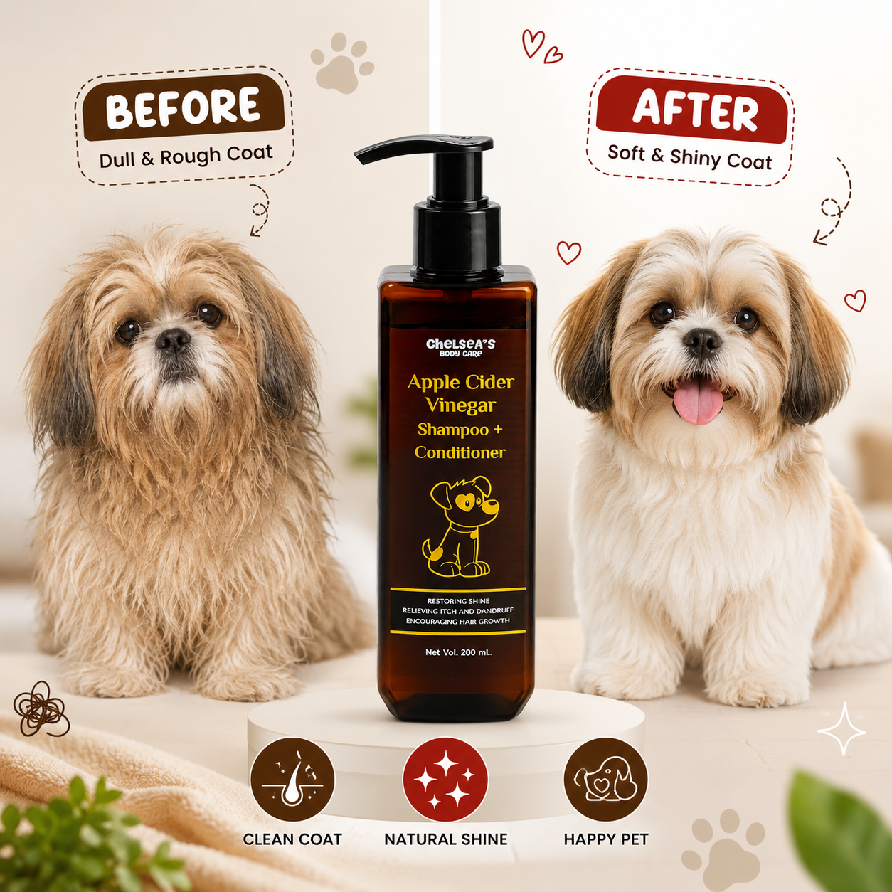 Chelsea's Body Care Apple Cider Vinegar Shampoo + Conditioner for Dogs & Cats | pH Balanced Formula | Helps Reduce Itching & Dandruff | Restores Coat Shine & Softness | 200 ml