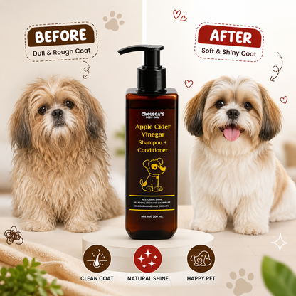 Chelsea's Body Care Apple Cider Vinegar Shampoo + Conditioner for Dogs & Cats | pH Balanced Formula | Helps Reduce Itching & Dandruff | Restores Coat Shine & Softness | 200 ml
