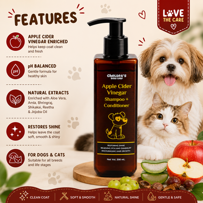 Chelsea's Body Care Apple Cider Vinegar Shampoo + Conditioner for Dogs & Cats | pH Balanced Formula | Helps Reduce Itching & Dandruff | Restores Coat Shine & Softness | 200 ml