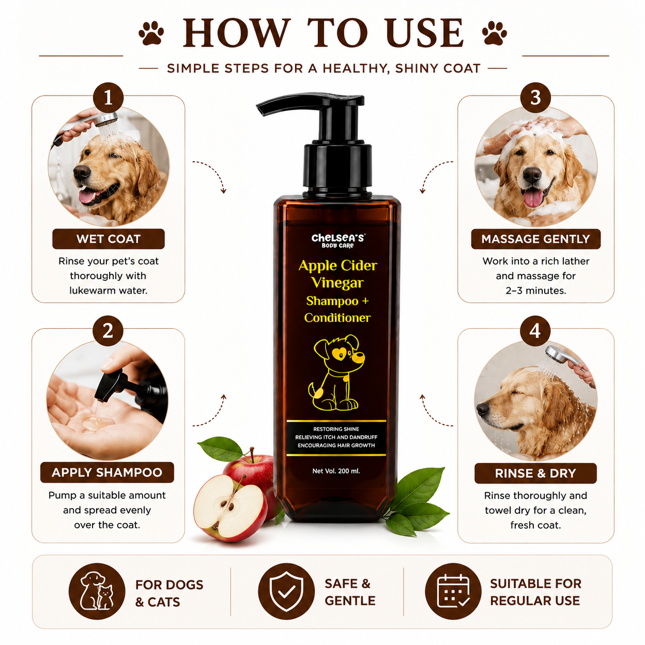 Chelsea's Body Care Apple Cider Vinegar Shampoo + Conditioner for Dogs & Cats | pH Balanced Formula | Helps Reduce Itching & Dandruff | Restores Coat Shine & Softness | 200 ml