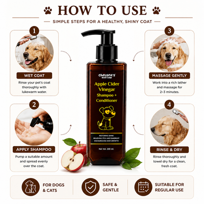 Chelsea's Body Care Apple Cider Vinegar Shampoo + Conditioner for Dogs & Cats | pH Balanced Formula | Helps Reduce Itching & Dandruff | Restores Coat Shine & Softness | 200 ml