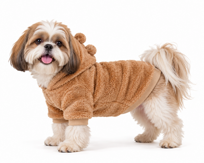 Shih Tzu wearing camel furry dog sweater