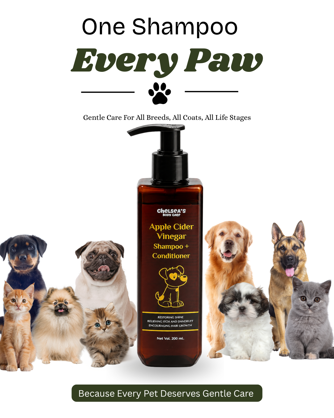 Chelsea's Body Care Apple Cider Vinegar Shampoo + Conditioner for Dogs & Cats | pH Balanced Formula | Helps Reduce Itching & Dandruff | Restores Coat Shine & Softness | 200 ml