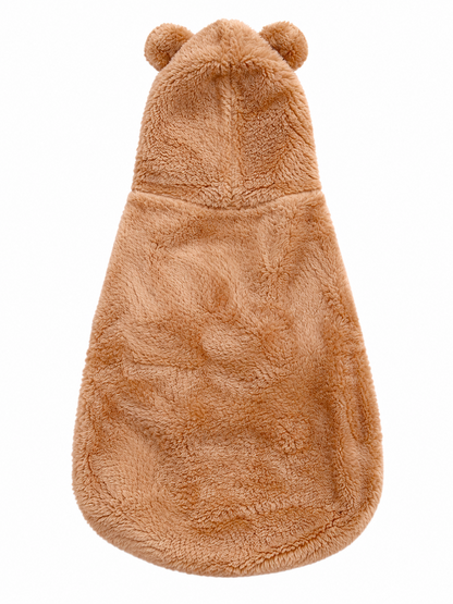 Back view of camel furry dog sweater with bear ears