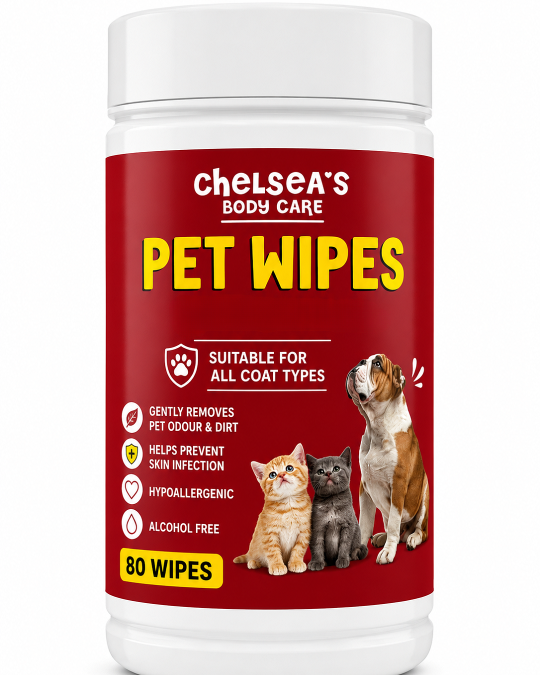 Chelsea’s Body Care Antibacterial Pet Wipes for Dogs & Cats – 80 Wipes
