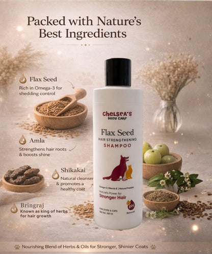 ChelSea’s Flax Seed Dog Shampoo 250ml | Hair Strengthening & Anti Hair Fall Pet Shampoo | Herbal Formula with Amla, Shikakai & Bhringraj | For Dogs & Cats | Soft & Shiny Coat