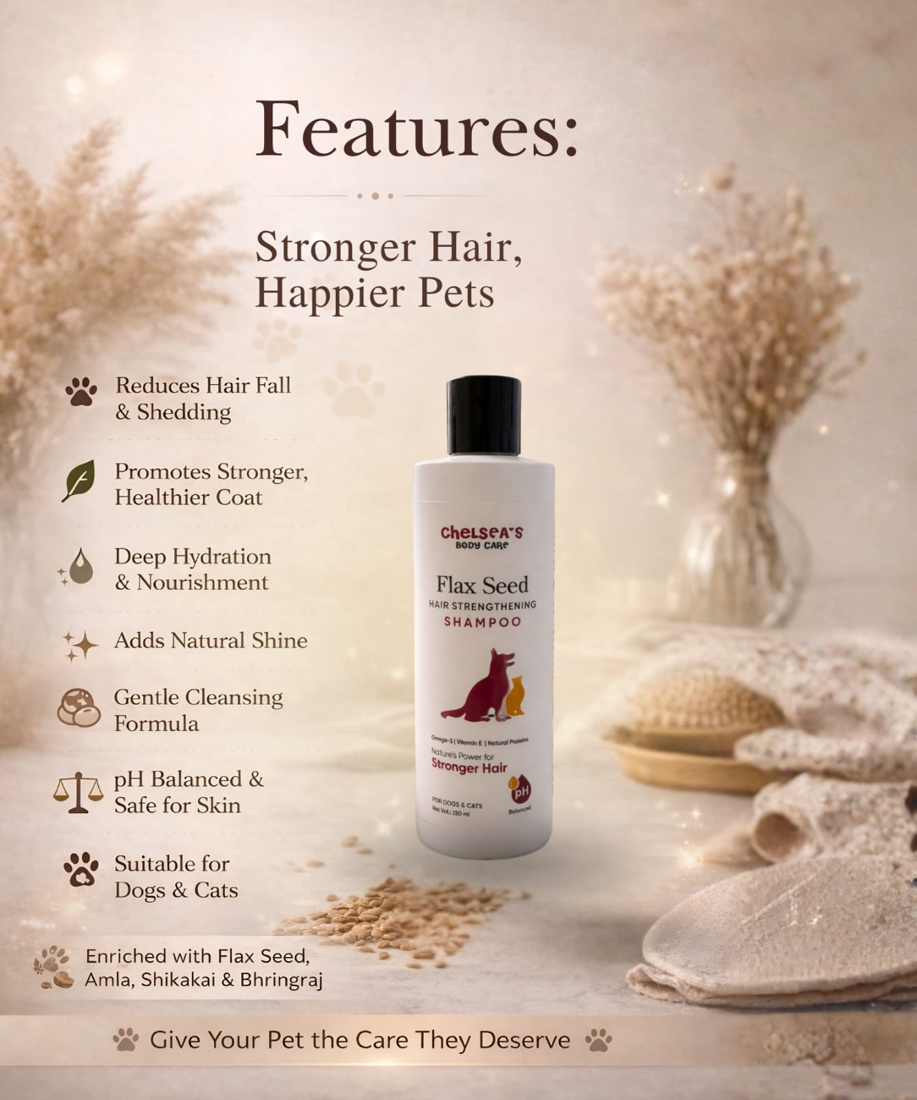 ChelSea’s Flax Seed Dog Shampoo 250ml | Hair Strengthening & Anti Hair Fall Pet Shampoo | Herbal Formula with Amla, Shikakai & Bhringraj | For Dogs & Cats | Soft & Shiny Coat