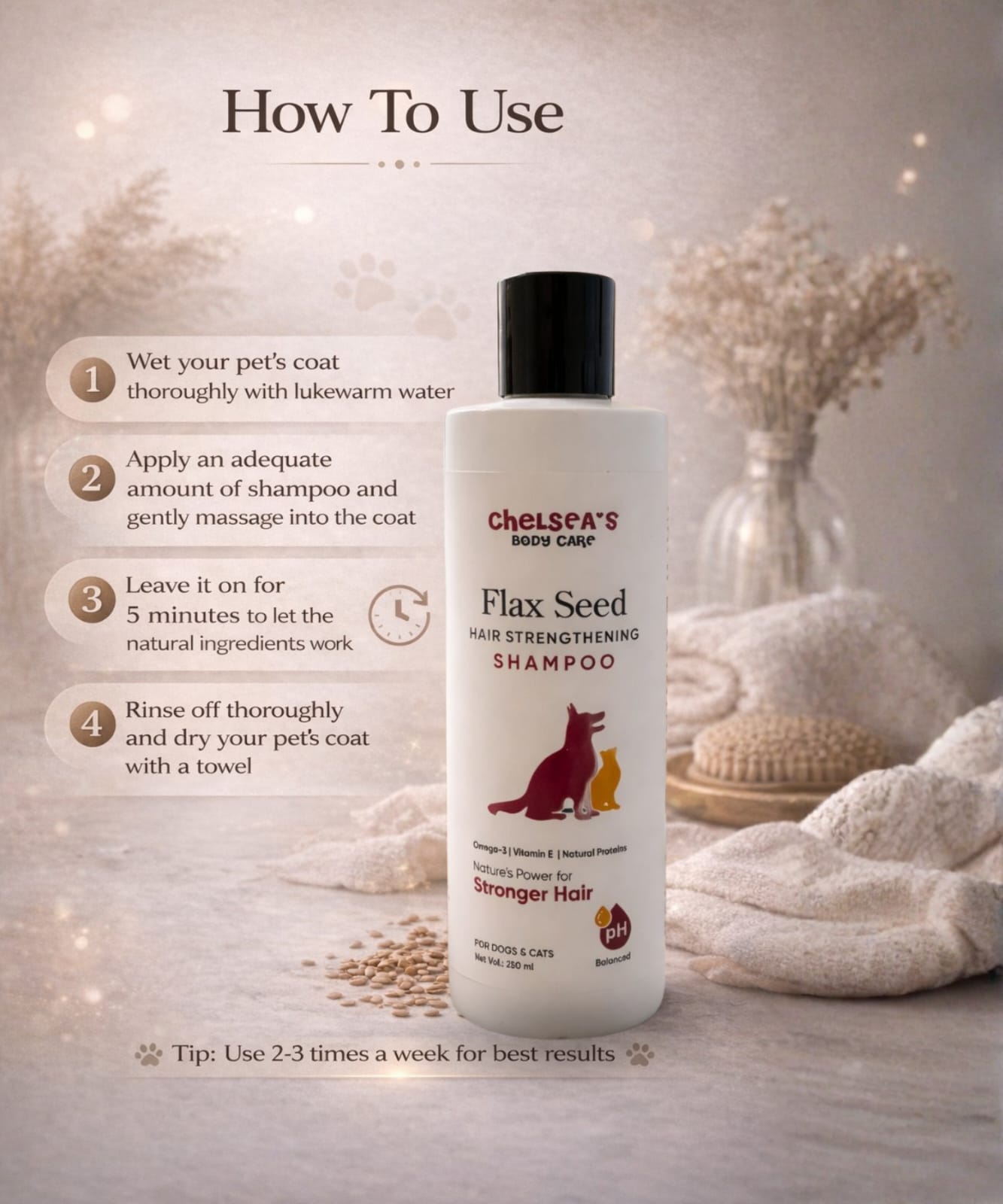 ChelSea’s Flax Seed Dog Shampoo 250ml | Hair Strengthening & Anti Hair Fall Pet Shampoo | Herbal Formula with Amla, Shikakai & Bhringraj | For Dogs & Cats | Soft & Shiny Coat